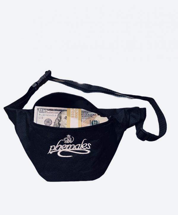 Black (Single Zipper) Money Bag- Phemale w/tail (White) Embroidered